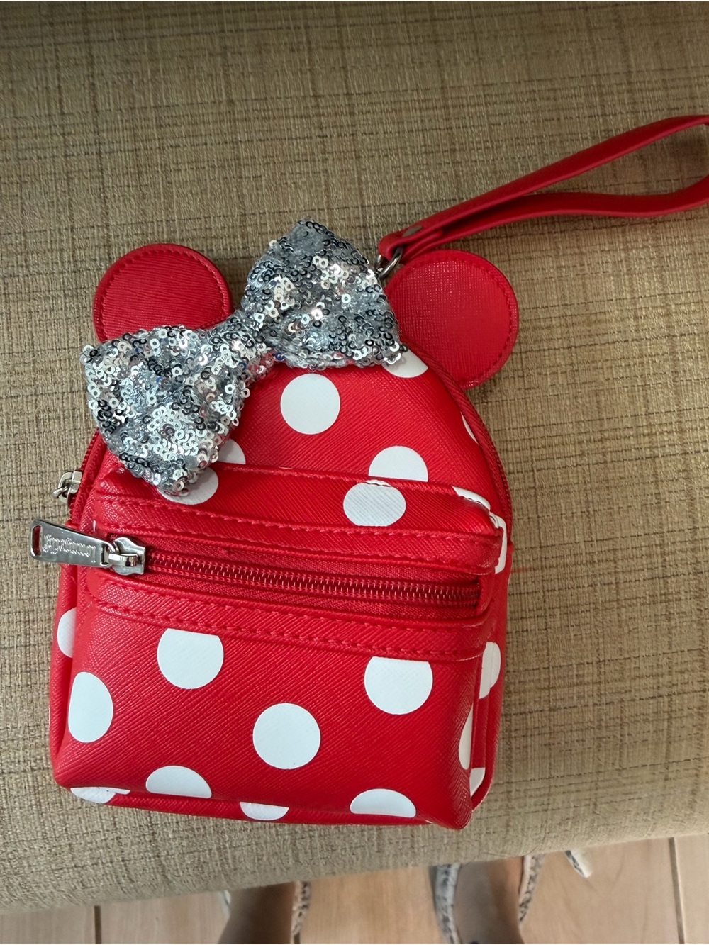 Loungefly Red and White Polka Dot Minnie Wristlet with Silver Sequin Bow